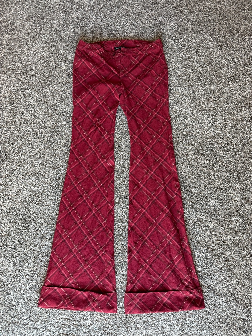 Vintage Y2K Betsey Johnson NY Red Plaid Metallic Flare Pants, Size 6